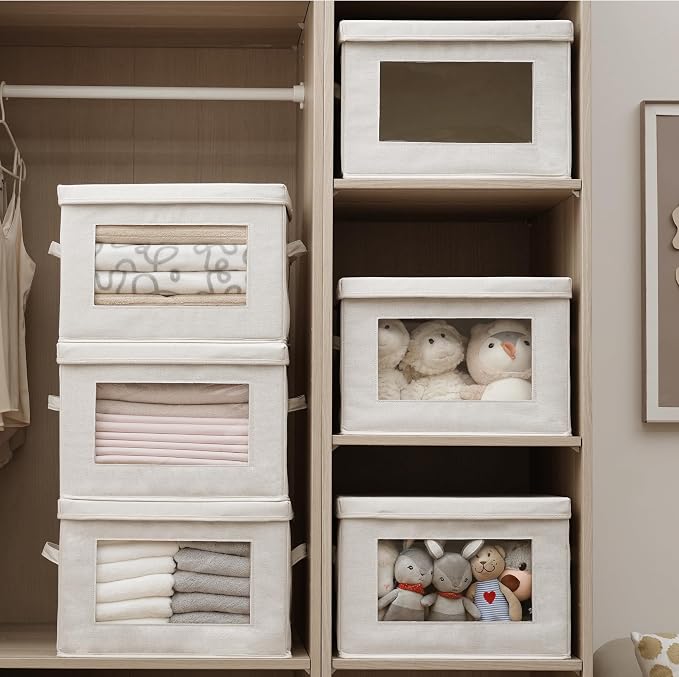 3-Pack Large Storage Bins with Lids & Clear Window, Foldable Fabric Closet Organizer Boxes, Stackable Cube Baskets with Soft Handles for Clothes & Blankets, 17”, Beige - Image 6