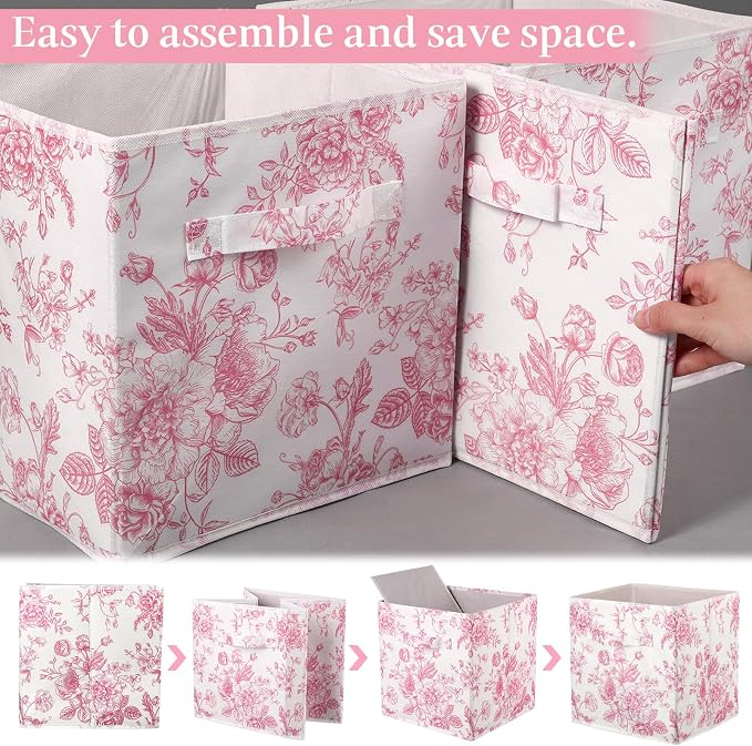 6 Pcs Pink Floral Cube Storage Bins 11 Inch Pink Flower Storage Basket with Handle, Preppy Girls Organizer Basket, Collapsible Fabric Box for Classroom Bedrooms Office Home Decoration Gift - Image 2