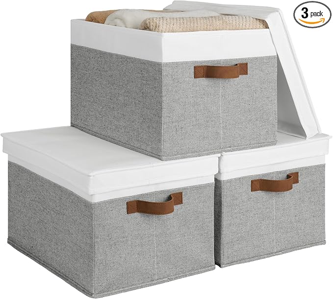 StorageWorks Fabric Storage Bins with Lids, Closet Storage Bins | Lidded Dust-proof, Easy Pull Handles, Foldable, Stackable, Ideal for Clothes Blanket Towel, Jumbo, Gray and White, 3-Pack by StorageWorks