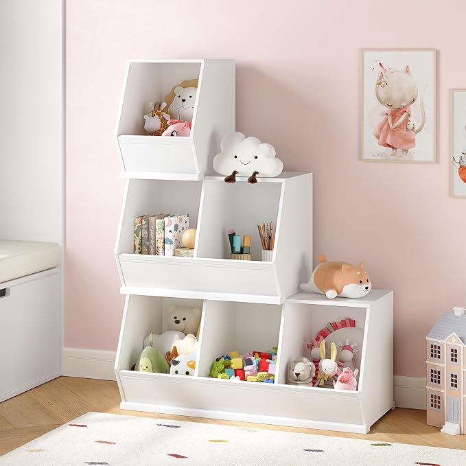 UTEX Stackable Kids Toy Storage Cabinet, Toy Organizer Bin, Cubby Toy Shelf | DIY Play Space, Slanted Front Panel, Toddler Toy Storage, Playroom, Toy Room, Living Room, Nursery, Gift, White, 3 Cubby - Image 5