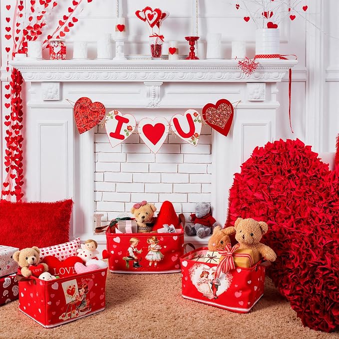 CHENGU 6 Pack Valentine's Day Storage Basket Vintage Valentine's Day Basket for Gift Collapsible Red Heart Holiday Decor Retro Large Bin Foldable Waterproof Box with Handle for Bedroom Laundry Nursery - Image 2