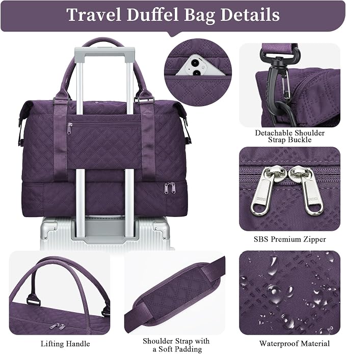 Weekender Bags for Women, Travel Duffel Bag with Shoes Compartment | Overnight Bag with Toiletry Bag, Carry on Personal Item Bag for Travel Business Trips Sport Hospital,Grid Travel Bag Set - Image 6
