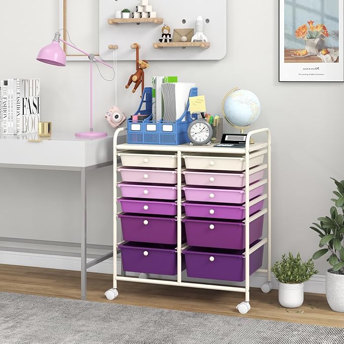 Giantex 12 Drawers Rolling Storage Cart, Classroom Organizers with Wheels for Tools Scrapbook Craft Paper Teacher Office School Supplies (Purple Gradient) - Image 2