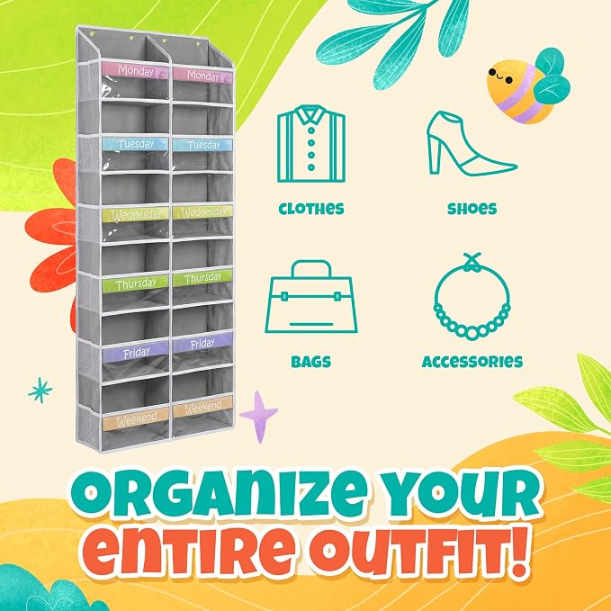 Weekly Clothes Organizer for Kids Closet Daily Outfit Storage 12 Shelf | Houseables Days of the Week Clothes Organizer, Monday through Friday Clothing, Weekday, M-F, School, Hanging, Over Door - Image 6
