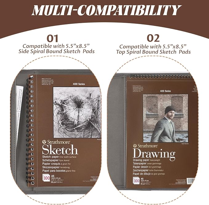 Plinyvel Gray Leather Sketchbook Cover 5.5x8.5, Travel Drawing Portfolio | Portable sketch kit organizer, pencil holder, Fits 5.5x8.5 Sketch Book, Spiral Pad, Compact artist storage case - Image 4