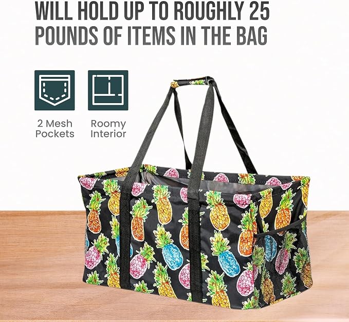 Extra Large Utility Tote Bag - Oversized Collapsible Reusable Wire Frame Rectangular Canvas Basket With Two Exterior Pockets For Beach, Pool, Laundry, Car Trunk, Storage - Pineapple - Image 6
