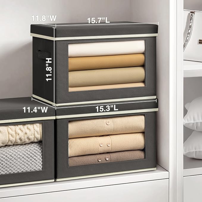 Stackable Storage Bins with Lids - Large Storage Box with Lids, Foldable Closet Boxes for Organizing, Wardrobe Clothes Organizer with Window, Cubes Bins for Living Room, 6 Pack, Dark Grey - Image 2