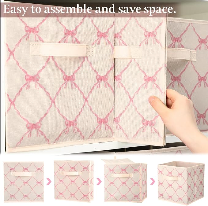 6 Pcs Light Pink Bow Cube Storage Bins 11 Inch Storage Basket | Preppy Girls Organizer Basket with Handle, Collapsible Fabric Box for Classroom Bedrooms Office Home Decoration Gift - Image 3