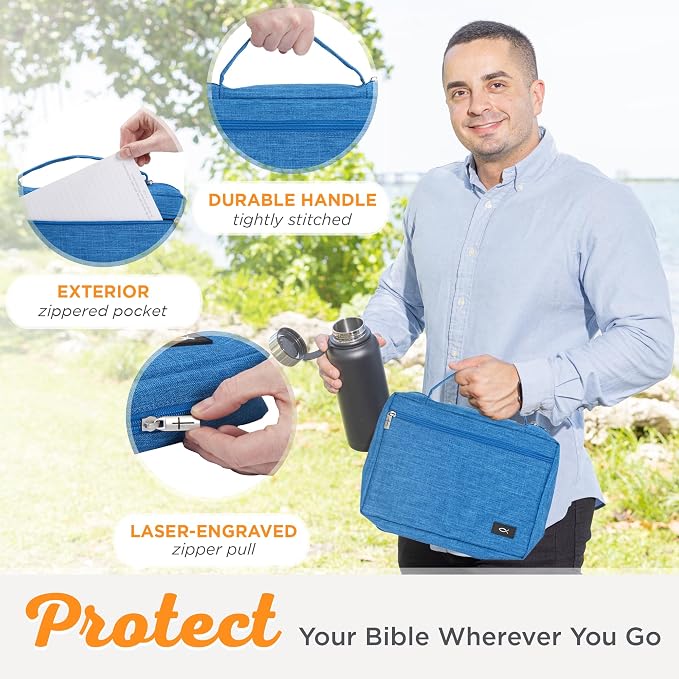 Christian Art Gifts Polyester Bible Cover for Men & Women w/Jesus Fish Patch, Zipper Pocket, Pen Loops, Easy Carry Book Case for Stationery, Accessories, Light Blue, Medium - Image 5