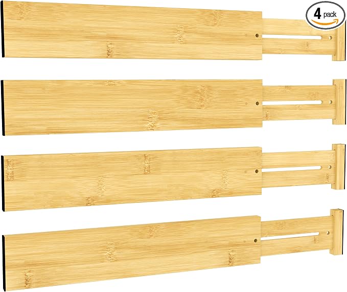 BAMEOS Bamboo Expandable Drawer Dividers – Fits 16.65"–22" Drawers, 3" Deep Walls, Set of 4 | Taller Spring-Loaded Separator Keeps Items Upright in Kitchen & Dresser Drawers by BAMEOS