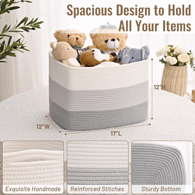 3 Pack Cube Storage Bin, 17”x12”x12” Cotton Rope Woven Baskets for Organizing Toys Clothes Towels, Square Gift Storage Baskets for Shelves, Nursery, Closet, Bathroom, Pantry (Gradient Grey) - Image 4