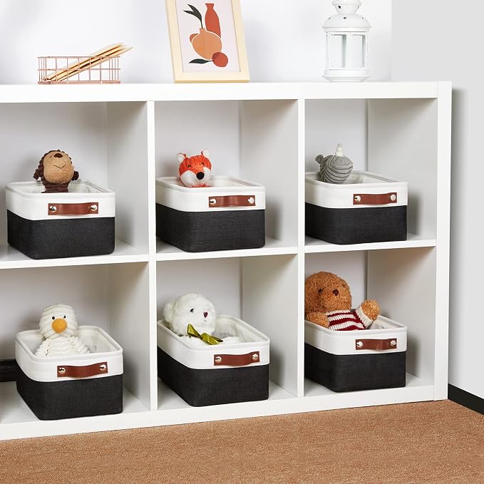 DULLEMELO Small Storage Baskets 6 Pack, Fabric Collapsible Gift Storage Baskets for Shelves, Closets, Nursery, Home, Office Organizing,Small Canvas Linen Rectangular Storage Bins (White&Black) - Image 4