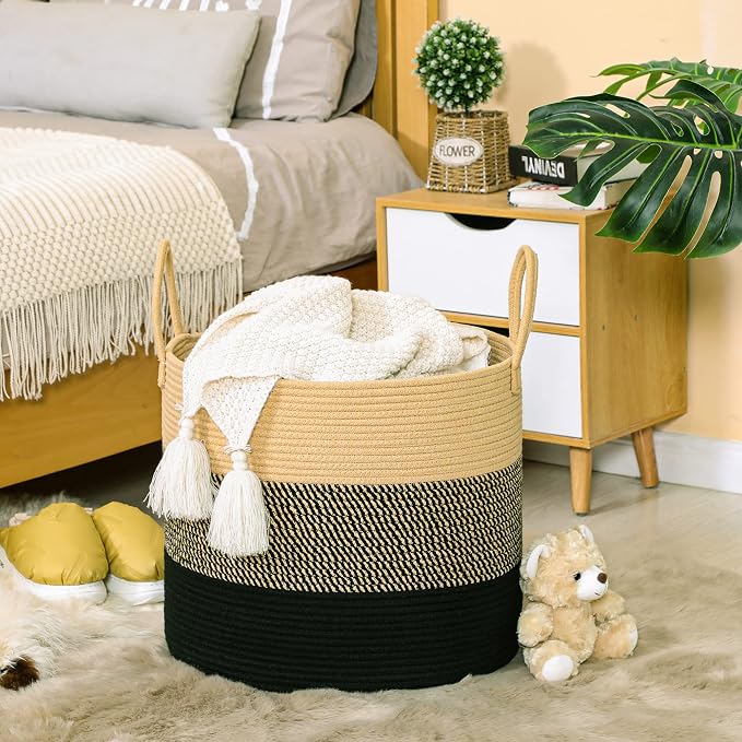 KAKAMAY Large Blanket Basket (18"x18"x16"),Woven Baby Laundry Hamper for Storage, Cotton Rope Blankets Baskets for Nursery, Laundry, Living Room, Pillows, Baby Toy Chest with Handles (Black) - Image 3