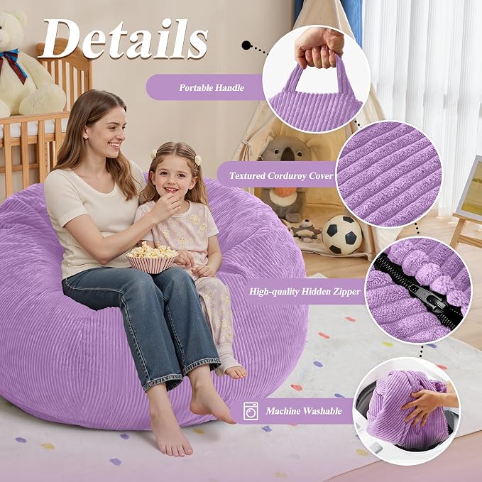 4FT Bean Bag Chair for Adults,Large Teardrop Beanbag with Filler | Beanbag Chair with Memory Foam Filled,Bean Bags with Handy Handle&Machine Washable Cover for Living Room,Bedroom-Purple - Image 5