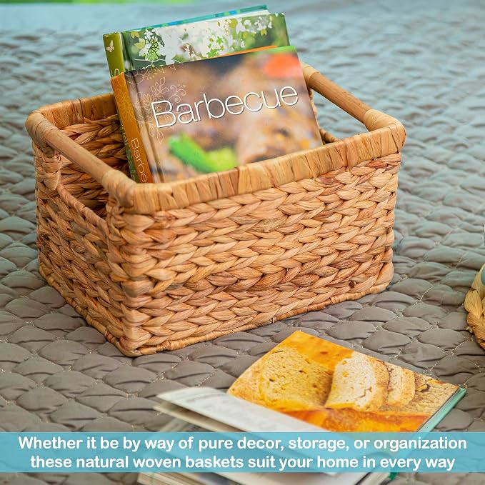 Small Wicker Baskets for Organizing Bathroom, Hyacinth Baskets for Storage, Wicker Storage Basket with Wooden Handle, Decorative Small Basket 10 x 7.5 x 6.3 inches - 3 Pack - Image 6