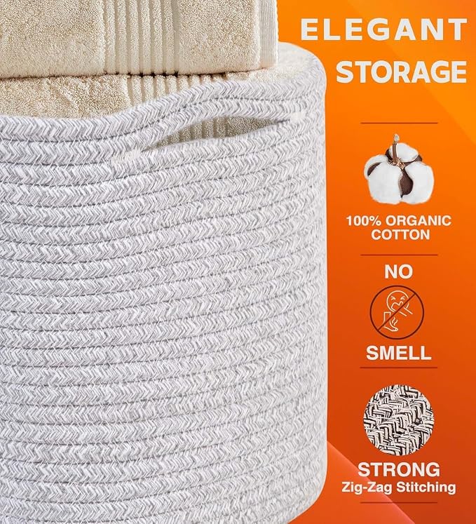 CHAT BLANC Cotton Rope Baskets for Organizing, Shelves, Toys, Storage, Shoe, Bathroom, Laundry, Towel, Nursery, Home Decor, Blanket, Cloth Woven Bins Fabric (Gray7, 15"x10"x9") - Image 3