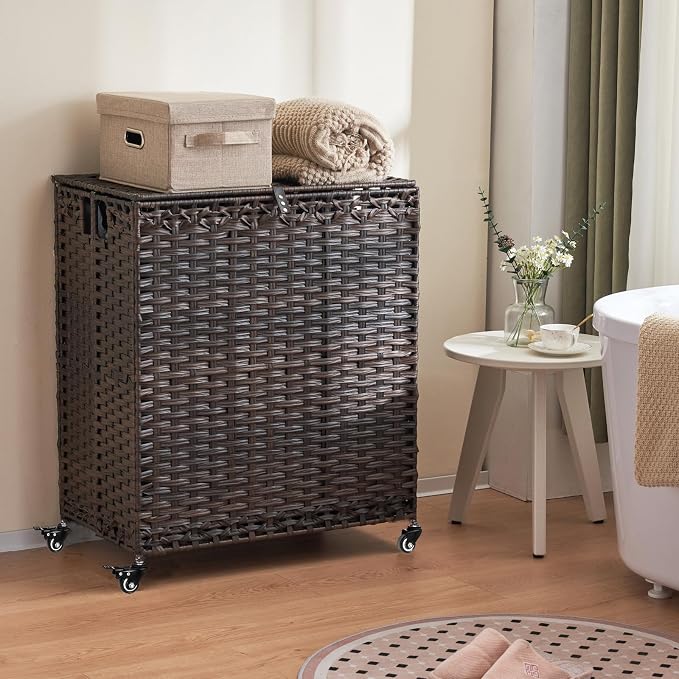 Laundry Hamper with Wheels&Lid, 50.2 Gallons(190L) Rolling Laundry Basket with Wheels, 3-Section Laundry Hamper, Handwoven Rattan Clothes Hamper with 6 Removable Liner& 3 Mesh Laundry Bags, Brown - Image 3