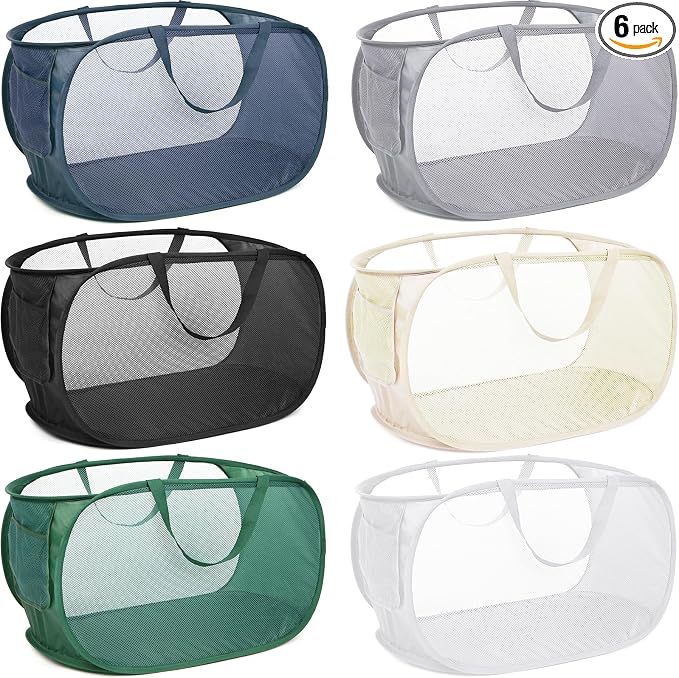 6 Pcs Durable Collapsible Laundry Baskets, Foldable Laundry Basket Large Opening, Pop Up Laundry Hamper with Pocket, Clothes Hamper with Handles for Laundry, Bathroom, Kids Room, Dorm or Trave by Bemkoo