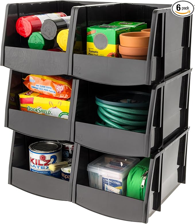IRIS USA 6-Pack, Extra Large Stackable Storage Bins, Black | Organize small parts, hardware, craft supplies, pantry items, and household essentials with open-front access, stackable bins by IRISUSA