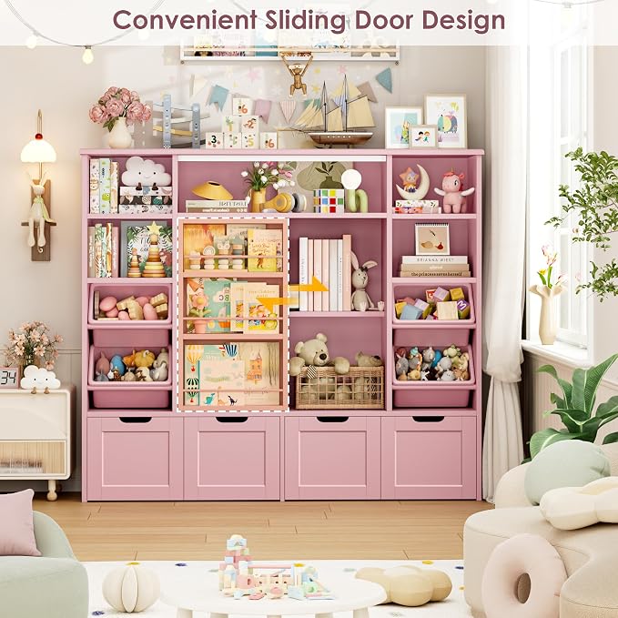 Toy Storage with Sliding Bookshelf, Toy Organizer with 4 Bins | 55.1’’ W Large Toy Storage Organizer Kids Bookshelf with 4 Movable Drawers, Toy Bins Playroom Storage for Kid Room, Pink - Image 5