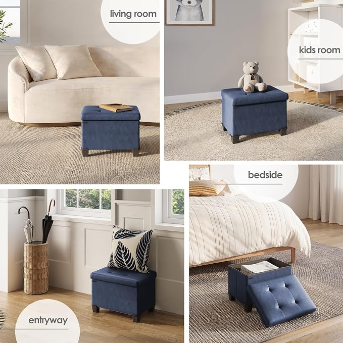 Storage Ottoman Cube with Small Bin, 16-in Square Ottoman with Storage for Living Room and Bedroom, Small Ottomans Foot Rest, Leather Foot Stools Ottomans Max 330lbs, Blue - Image 4