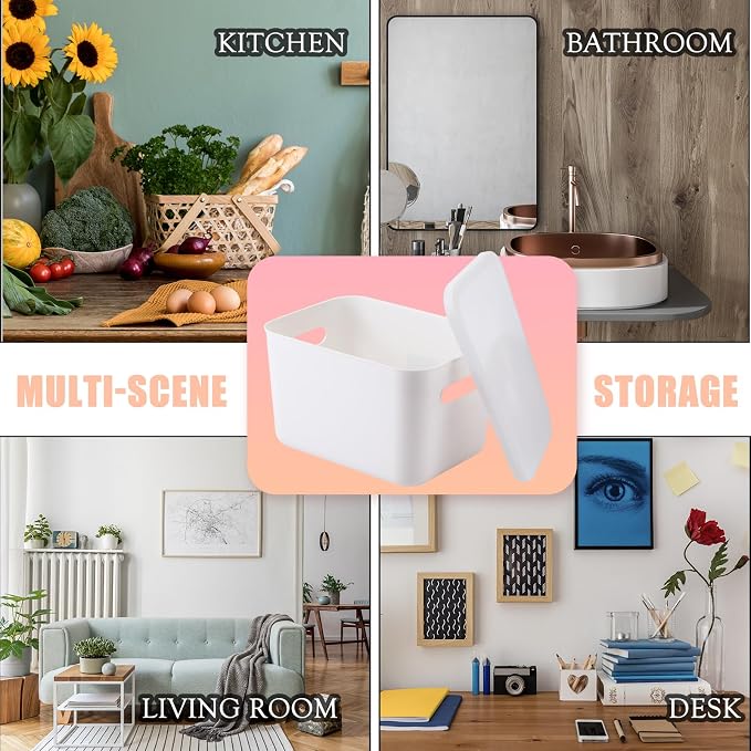 BBTO 8 Pcs White Plastic Storage Bins with Lids Organizing Container with Handle Stackable Containers for Organizing Including Labels and Marker for Table Organization, 10.2 x 7.3 x 6.5 Inch - Image 6
