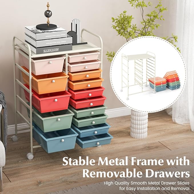 RELAX4LIFE 15-Drawer Storage Drawer Carts - Mobile Rolling Utility Cart w/Wheels, Craft Organizer for Classroom Organization and Storage, School, Office, Home, Storage Organizer Cart (Macaron) - Image 5