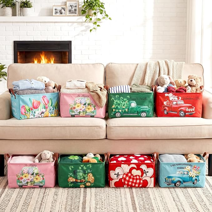 CHENGU 8 Pack Large Easter Gifts Baskets Empty Collapsible Holiday Storage Bin St Patricks Day Valentines Canvas Laundry Basket Foldable Box with Handle for Home Office Bedroom Clothes Toys - Image 4
