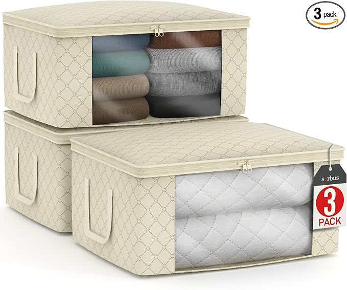 Sorbus Medium Clothes Storage Bags - Foldable Blanket Storage Bins for Organizing Bedroom, Closet, Clothing, Comforter, Organization with Clear Window, Lids and Carry Handles - Set of 3 by Sorbus