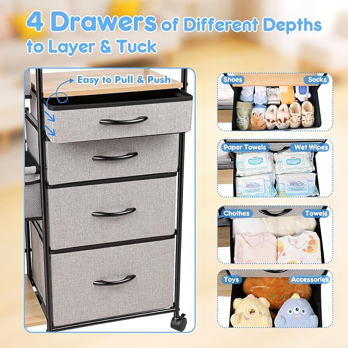 Baby Diaper Caddy Organizer Cart - 4 Tier Rolling Diaper Cart with Wheels, Baby Essentials Organizers and Storage, Mobile Utility Carts for Bedside, Crib Nursury, Bedroom, Changing Table - Image 4