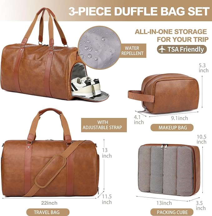 Large 3-in-1 Leather Duffle Bag for Travel Weekender Overnight Hospital Gym Bag for Men & Women, Carry On Airline Approved Personal Item Duffel Garment Bag Luggage with Shoe Compartment & Toiletry Bag - Image 6