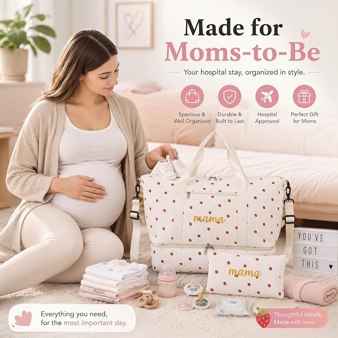 Dansydaisy Strawberry Mama Hospital Bag for Women Labor Delivery Travel Duffle Bag with Shoe Compartment Toiletry Pouch Waterproof Letter Embroidered for Pregnancy Weekender Overnight Gym Gift, Beige - Image 5