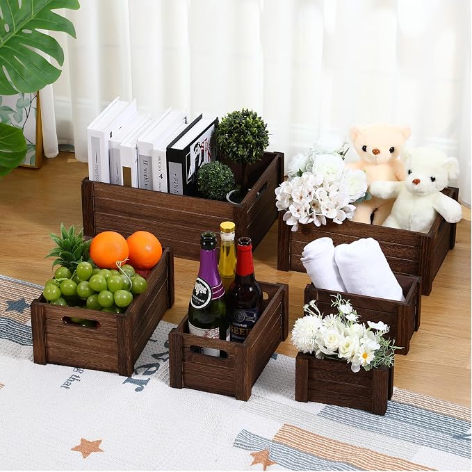 AceOrbit 6 Pcs Decorative Wood Crates for Storage Display 6 Size Rustic Nesting Crates with Handle Farmhouse Wooden Container Boxes for Wedding Bride Shower Party Market Farmers Decor(Dark Brown) - Image 3