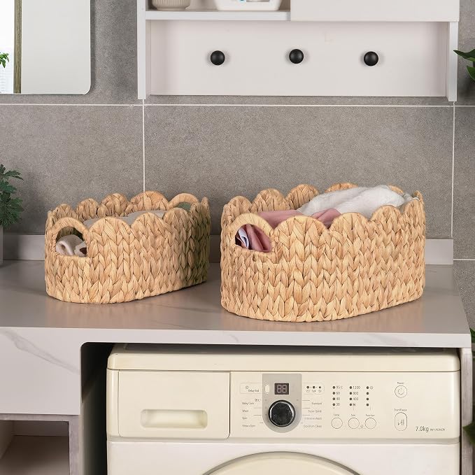 iEGrow Scalloped Wicker Basket, Set of 2 Hand-Woven Natural Rattan Baskets with Built-in Handles, Water Hyacinth Storage Oval Cute Baby Baskets for Nursery, Organizing, Decor and Shelves - Image 4