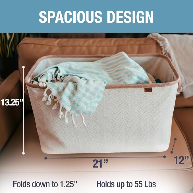Collapsible Fabric Laundry Basket Premium, Cream Herringbone, 2 Pack | Elevate Open-Room Laundry Storage | Cotton-Blend Fabric and Vegan Leather Add Polish, While Each Basket Holds 55 lb - Image 3