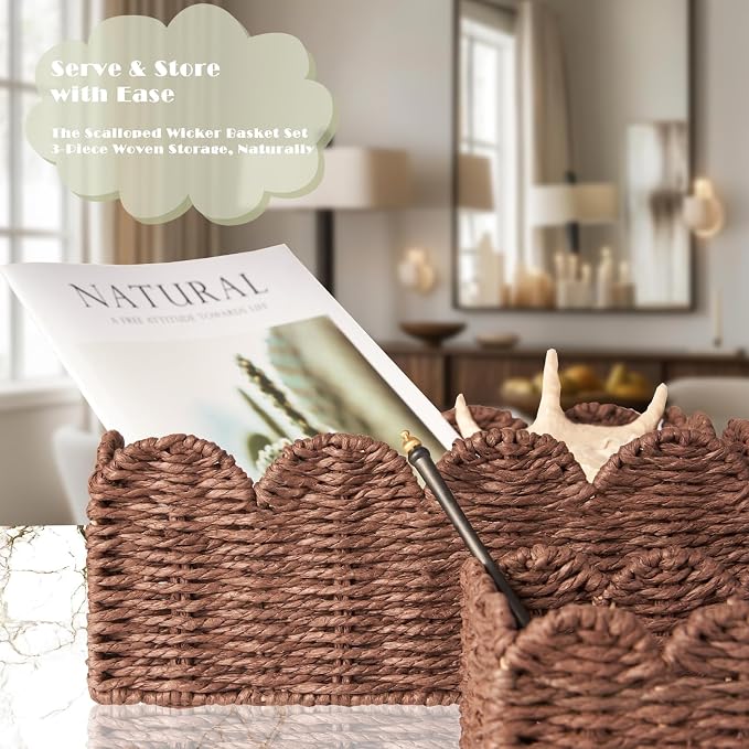 Scalloped Wicker Basket Set of 3, Hand-Woven Storage with Handles | set of 3 brown scalloped baskets with handles. Hand-woven paper rope for shelves, bathroom or closet. Stackable, sturdy. - Image 2