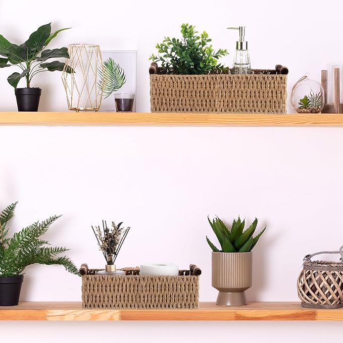 Boao 3 Pcs Boho Storage Wicker Baskets Handmade Woven Decorative Paper Rope Baskets for Organizing with Handle Countertop Toilet Paper Storage Container for Toilet Tank Top(Natural Color,Rectangle) - Image 6