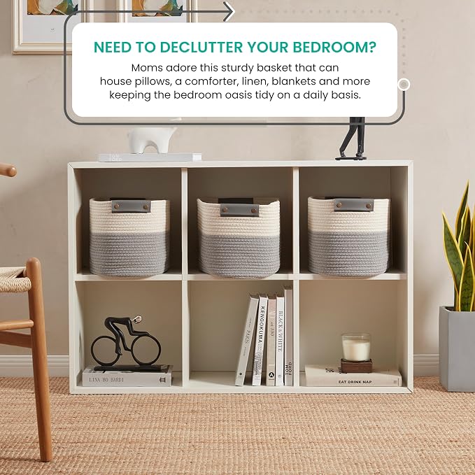 3 Pack Woven Cotton Rope Storage Basket, 15x10x9, White/Gray | Faux Leather Handles; Decorative Closet Shelf Organizer; Ideal for Storage & Organization - Image 2