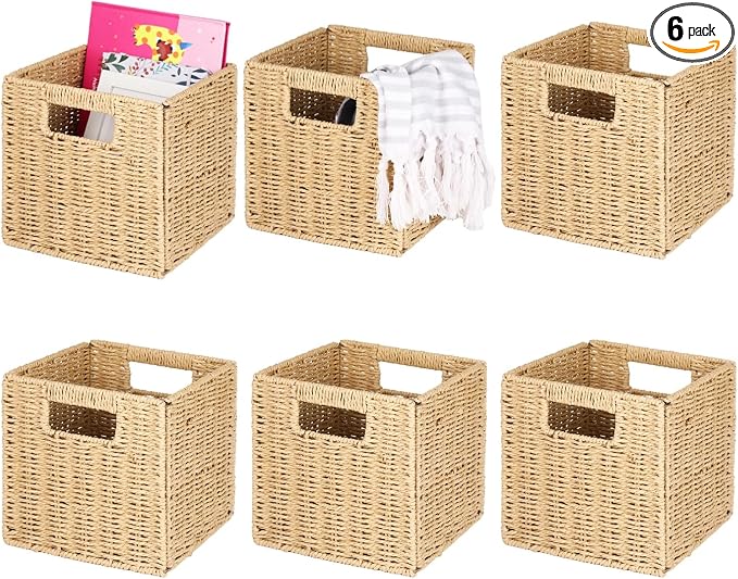 OMISTAR 6 Pcs 8.7 Inch Wicker Storage Cubes Bins - Woven Paper Rope Storage Baskets, Foldable Storage Bins with Handles, Collapsible Square Storage Containers for Shelves, Closets, 8.7×8.7×8.7" by OMISTAR
