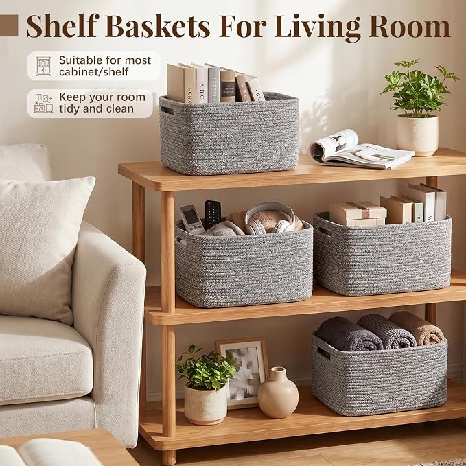 OIASKET 4Packs Natural Cotton Rope Storage Baskets for Organizing Toys, Clothes, Towels & Books, Soft Versatile Organizers for Shelves, Home Decorative Bins, 13''Lx9''Wx7.8''H, Grey - Image 6