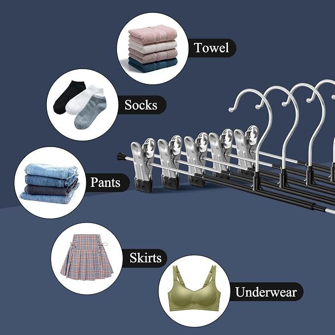 16 Inch Pants Hangers with Clips Skirt Hangers 10 Pack, Black | Non-Slip,Adjustable metal clips,Space-Saving,Heavy duty, for pants/skirt/dress/trousers/jeans/shorts/Clothes,Women,men - Image 4