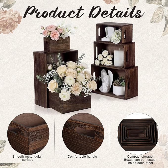 AceOrbit Set of 6 Rustic Wood Crates, Nesting Storage Boxes,Dark Brown | Distressed Wooden Containers with Cutout Handles, Vintage Farmhouse Wedding Party Decor, Decorative Baskets for Supplies - Image 4