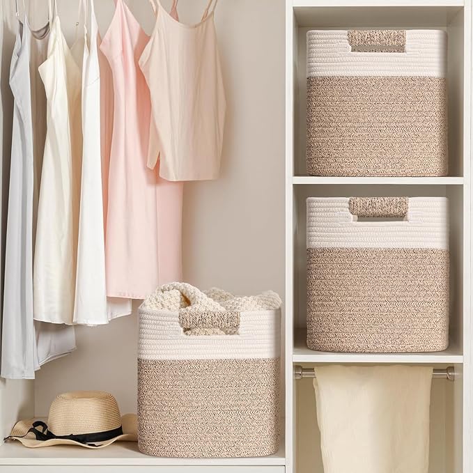12 Inch Storage Cubes, 3 Pack Cube Storage Bins for Organizing, Cotton Rope Woven Baskets for Shelves, Bathroom, Kids Room, Closets, Baby Nursery - Image 6
