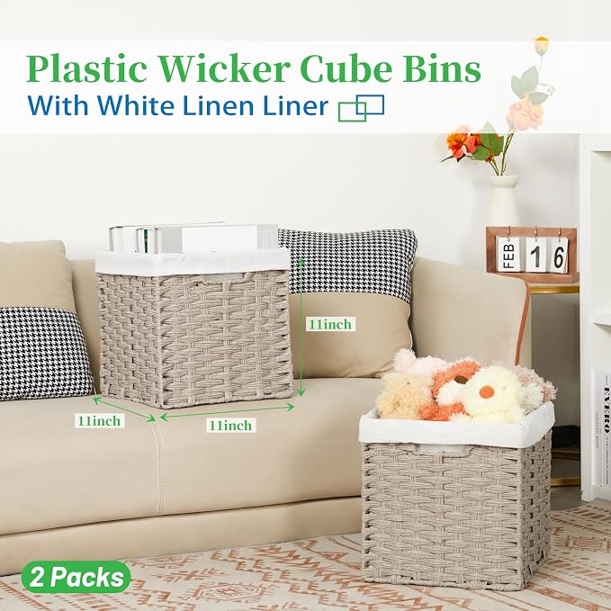 Bidtakay Wicker Baskets for Shelves Waterproof Imitation Wicker Cube Storage Bins with Liners for Organizing Closet Cabinet 2-Pack 11x11 inch Storage Cube Organizer for Pantry-Greyish Beige - Image 2