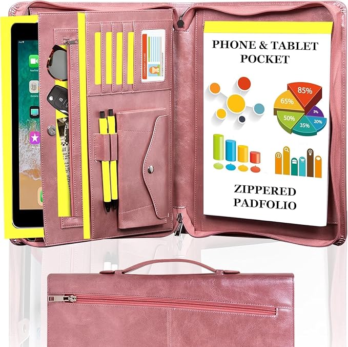 AZXCG Portfolio Binder, Pink Padfolio with Handle and Zipper,Leather Padfolio for Women,Professional Business Portfolio Organizer with A4 Notepad Holder for School,Work by AZXCG