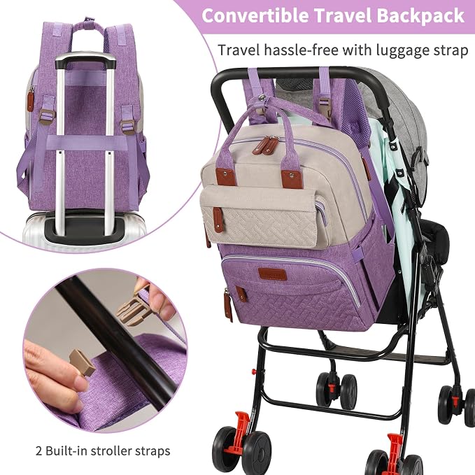 Diaper Bag Backpack, Large Unisex Baby Bags for Boys Girls, Purple Baby Nappy Diaper Bag, Multipurpose Travel Back Pack for Moms Dads with Insulated Pockets and Stroller Straps - Image 4