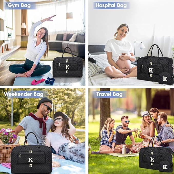 Initial Travel Duffle Bag for Women - Black Personalized Weekender bags Overnight Bag with Shoe Compartment & Wet Pocket Weekend Tote Bags with Toiletry Bag Monogram Christmas Gift (Letter K) - Image 6