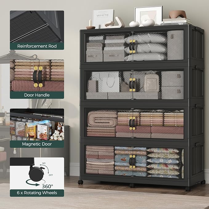 960QT Extra Large Stackable Storage Bins with Lid, 240Gal Plastic Closet Organizers and Storage Drawer, Collapsible Cabinet Box with Wheels Clear Doors for Home Kitchen Garage, 4Pack Black - Image 6