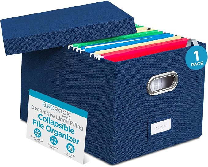 Internet's Best Collapsible File Storage Organizer - Decorative Linen Filing & Storage Office Box - Letter/Legal - Navy - 1 Pack by BIRDROCKHOME