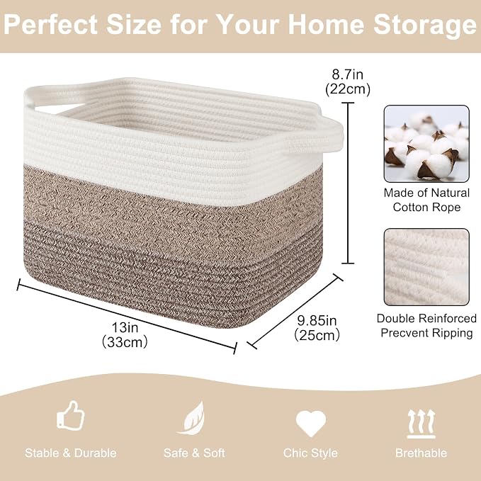 OIASKET Storage Baskets for Organizing, Woven Baskets for Shelves, Rectangle Decorative Organizer for Storage Clothes, Toy, Books, Towels Nursery Bins 3 Pack (Gradient Dark Brown, 13"x9.85"x8.7") - Image 2